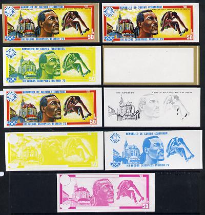 Equatorial Guinea 1972 Munich Olympics (2nd series) Past Champions 50pts (R Beamon) set of 9 imperf progressive proofs comprising the 5 individual colours plus composites of 2, 3, 4 and all 5 colours, a superb and important group unmounted mint (as Mi 87), stamps on olympics  sport   long jump