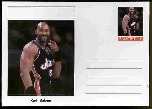 Palatine (Fantasy) Personalities - Karl Malone (basketball) postal stationery card unused and fine, stamps on personalities, stamps on sport, stamps on basketball