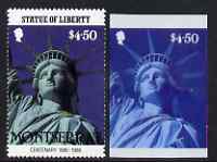 Montserrat 1986 Statue of Liberty Centenary $4.50 die proof in red and blue only on plastic (Cromalin) card ex archives, plus perf stamp, stamps on , stamps on  stamps on monuments, stamps on  stamps on statues, stamps on  stamps on americana, stamps on  stamps on civil engineering, stamps on  stamps on 