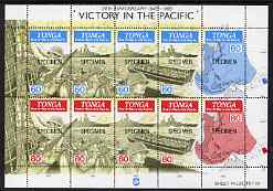 Tonga 1995 50th Anniversary of End of Second world war in the Pacific, perf sheetlet containing 10 values each optd SPECIMEN unmounted mint, as SG 1309a, stamps on , stamps on  ww2 , stamps on militaria, stamps on ships, stamps on maps