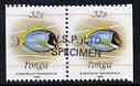 Tonga 1990-92 Powder-blue Surgeonfish 32s (from reduced-size Marine Life set) horiz pair (ex booklets) opt'd WSP Ltd SPECIMEN, as SG 1095a (1990 imprint date), stamps on marine life, stamps on fish