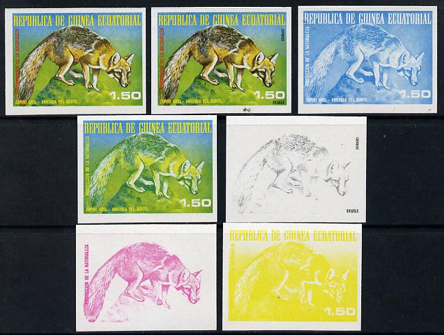 Equatorial Guinea 1977 North American Animals 1e50 (Grey Fox) set of 7 imperf progressive proofs comprising the 4 individual colours plus 2, 3 and 4-colour composites, a superb and important group unmounted mint (as Mi 1240), stamps on animals, stamps on  fox , stamps on foxes, stamps on  