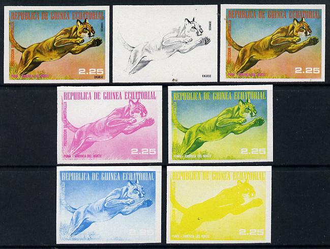 Equatorial Guinea 1977 North American Animals 2e25 (Puma) set of 7 imperf progressive proofs comprising the 4 individual colours plus 2, 3 and 4-colour composites, a superb and important group unmounted mint (as Mi 1243), stamps on , stamps on  stamps on animals  cats