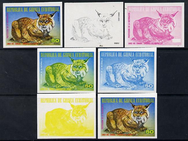 Equatorial Guinea 1977 North American Animals 50e (Lynx) set of 7 imperf progressive proofs comprising the 4 individual colours plus 2, 3 and 4-colour composites, a super..., stamps on animals  cats