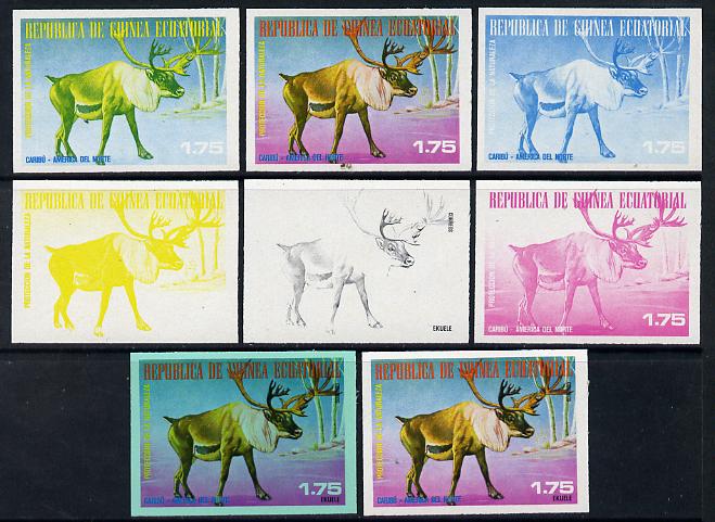 Equatorial Guinea 1977 North American Animals 1e75 (Caribou) set of 8 imperf progressive proofs comprising the 4 individual colours, 2, 3 and 4-colour composites plus 4-colour on green paper, a superb and important group unmounted mint (as Mi 1241), stamps on animals, stamps on deer
