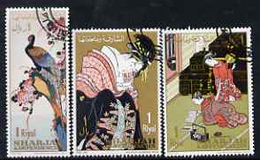 Sharjah 1967 Post Day (Japanese Paintings) perf set of 3 cto used, Mi 350-52*, stamps on postal, stamps on arts