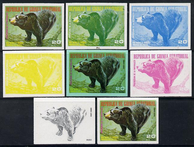 Equatorial Guinea 1977 North American Animals 20e (Black Bear) set of 8 imperf progressive proofs comprising the 4 individual colours, 2, 3 and 4-colour composites plus 4-colour on green paper, a superb and important group unmounted mint (as Mi 1244), stamps on animals    bears
