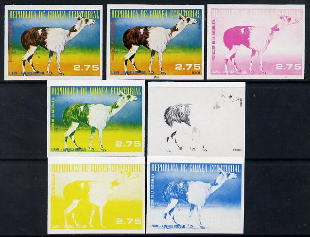 Equatorial Guinea 1977 South American Animals 2e75 (Llama) set of 7 imperf progressive proofs comprising the 4 individual colours plus 2, 3 and 4-colour composites, a superb and important group unmounted mint (as Mi 1249), stamps on animals