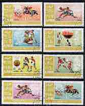 Ajman 1967 Mexico Olympics perf set of 8 cto used, Mi 189-96A, stamps on sport, stamps on olympics, stamps on canoeing, stamps on hurdles, stamps on show-jumping, stamps on football, stamps on boxing, stamps on horses