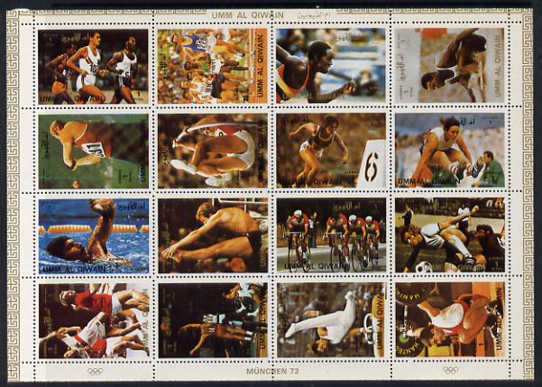 Umm Al Qiwain 1972 Munich Olympics sheetlet containing 16 values unmounted mint (Mi 938-53A) , stamps on , stamps on  stamps on sport    handball   swimming    hammer   running    basketball   diving    pole vault    athletics    bicycles     long jump    football   weightlifting    olympics