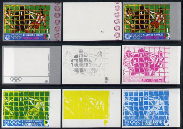 Equatorial Guinea 1972 Munich Olympics (1st series) 1pt (Football) set of 9 imperf progressive proofs comprising the 5 individual colours (incl silver) plus composites of..., stamps on football  olympics  sport