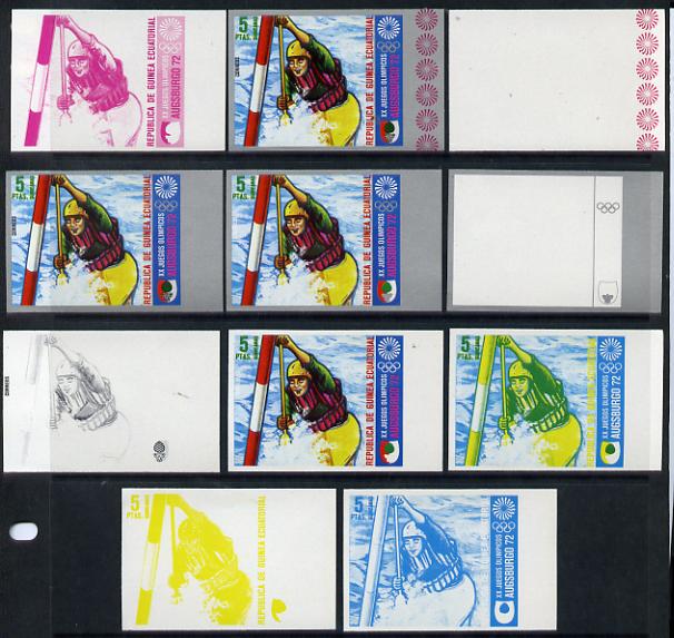 Equatorial Guinea 1972 Munich Olympics (1st series) 5pts (Canoe Slalom singles) set of 9 imperf progressive proofs comprising the 5 individual colours (incl silver) plus ..., stamps on olympics  sport    canoeing