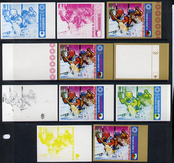 Equatorial Guinea 1972 Munich Olympics (1st series) 8pts (Canoe Slalom 2-man) set of 9 imperf progressive proofs comprising the 5 individual colours (incl gold) plus comp..., stamps on olympics  sport    canoeing