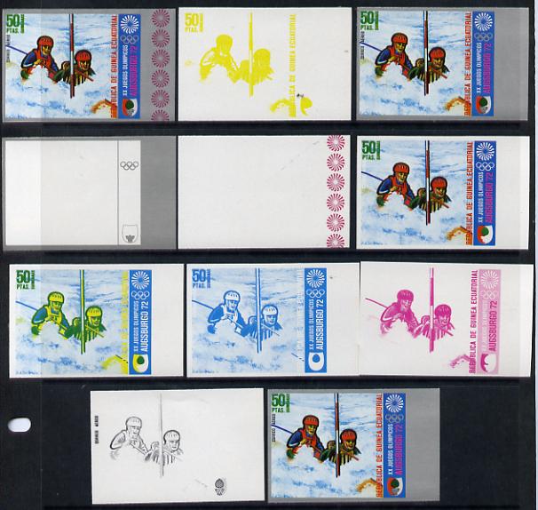 Equatorial Guinea 1972 Munich Olympics (1st series) 50pts (Canoe Slalom 2-man) set of 9 imperf progressive proofs comprising the 5 individual colours (incl silver) plus c..., stamps on olympics  sport    canoeing