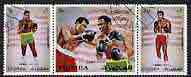 Fujeira 1971 Joe Fraser v Muhammad Ali (Boxing) perf strip of 3 fine cto used, Mi 689-91, stamps on sport, stamps on boxing, stamps on islam