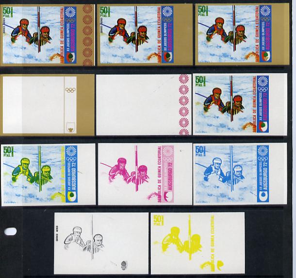 Equatorial Guinea 1972 Munich Olympics (1st series) 50pts (Canoe Slalom 2-man) set of 9 imperf progressive proofs comprising the 5 individual colours (incl gold) plus composites of 2, 3, 4 and all 5 colours, a superb and important group unmounted mint (as Mi 63), stamps on olympics  sport     canoeing