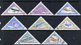 Aden - Quaiti 1968 Flight (Aircraft & Rockets) triangular perf set of 8 cto used, Mi 214-21A, stamps on aviation, stamps on triangulars, stamps on space