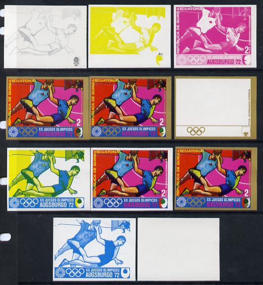 Equatorial Guinea 1972 Munich Olympics (1st series) 2pts (Handball) set of 9 imperf progressive proofs comprising the 5 individual colours (incl gold) plus composites of 2, 3, 4 and all 5 colours, a superb and important group unmounted mint (as Mi 58), stamps on olympics  sport   handball