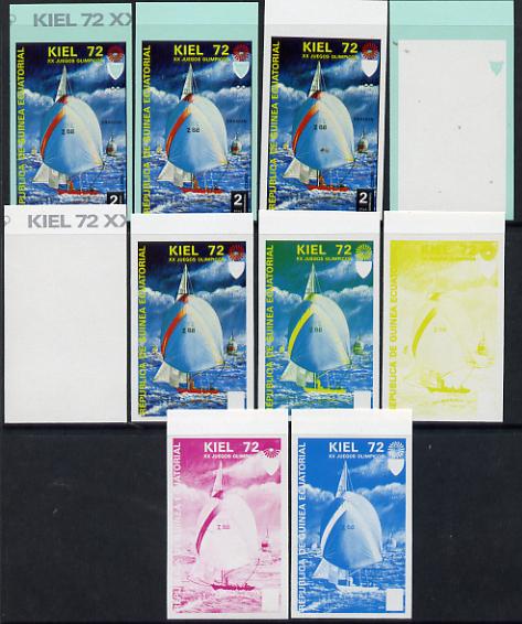 Equatorial Guinea 1972 Munich Olympics (3rd series) 2pts Sailing set of 10 imperf progressive proofs comprising 5 individual colours, plus various composites, a superb an..., stamps on olympics  sport    sailing     yachts