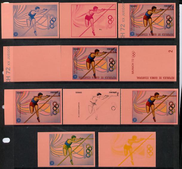 Equatorial Guinea 1972 Munich Olympics (4th series) 2pts (Pole Vault) set of 10 imperf progressive proofs on pink paper comprising 5 individual colours, plus various comp..., stamps on olympics  sport    pole vault