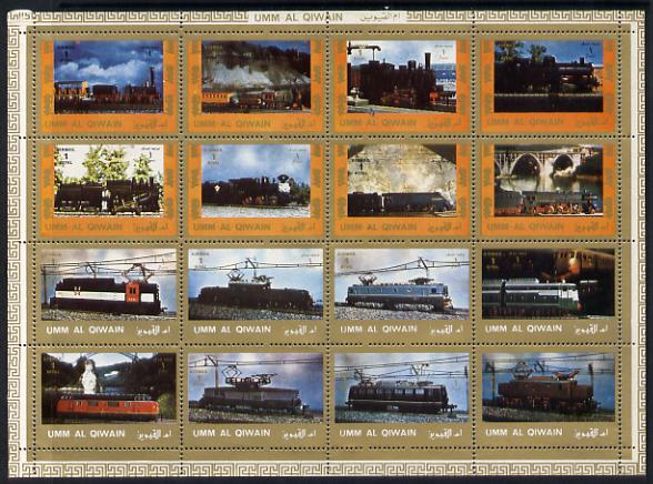 Umm Al Qiwain 1972 Locomotives sheetlet containing 16 values unmounted mint (Mi 1210-25A) , stamps on railways