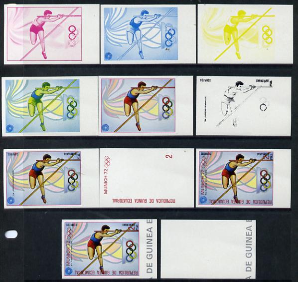 Equatorial Guinea 1972 Munich Olympics (4th series) 2pts (Pole Vault) set of 10 imperf progressive proofs on white paper comprising 5 individual colours, plus various composites, a superb and important group unmounted mint (as Mi 109), stamps on , stamps on  stamps on olympics  sport    pole vault
