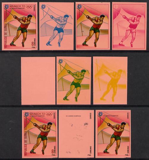 Equatorial Guinea 1972 Munich Olympics (4th series) 8pts (Hammer) set of 10 imperf progressive proofs on pink paper comprising 5 individual colours, plus various composites, a superb and important group unmounted mint (as Mi 112), stamps on olympics  sport     hammer