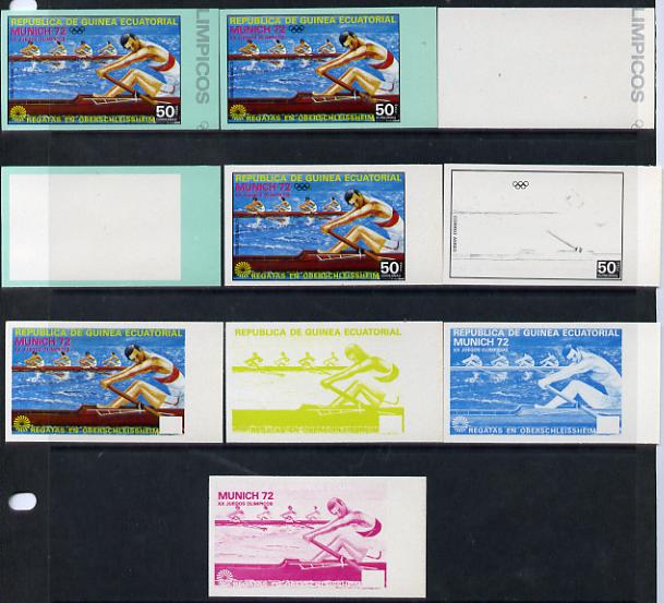 Equatorial Guinea 1972 Munich Olympics (3rd series) 50pts 4-man Rowing set of 10 imperf progressive proofs comprising 5 individual colours, plus various composites, a sup..., stamps on olympics  sport    rowing