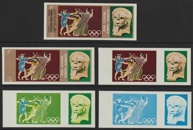 Yemen - Republic 1967 Olympic Games (Greek & Mexican Folklore) 1/2b set of 5 imperf progressive proofs comprising single colour, 2, 3, 4 and all 5-colour composites, a superb and important group unmounted mint (as Mi 779), stamps on folklore  olympics  sport, stamps on ancient greece 