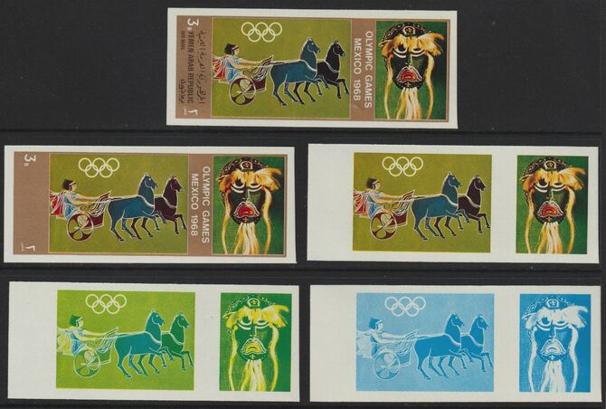 Yemen - Republic 1967 Olympic Games (Greek & Mexican Folklore) 3b set of 5 imperf progressive proofs comprising single colour, 2, 3, 4 and all 5-colour composites, a superb and important group unmounted mint (as Mi 781), stamps on folklore  olympics  sport, stamps on ancient greece 