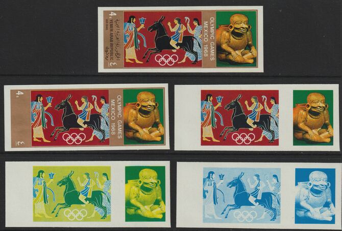 Yemen - Republic 1967 Olympic Games (Greek & Mexican Folklore) 4b set of 5 imperf progressive proofs comprising single colour, 2, 3, 4 and all 5-colour composites, a supe..., stamps on folklore  olympics  sport, stamps on ancient greece