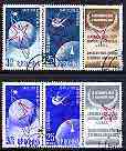 Rumania 1958 Brussels International Exhibition perf set of 4 (two se-tenant strips of 3 each with label) with overprint inverted, fine cto used, SG 2593-96a, stamps on , stamps on  stamps on space, stamps on  stamps on communications, stamps on  stamps on globes