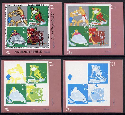 Yemen - Republic 1970 German Olympic Gold Medal Winners 1/3b (Boxing, Alpine Racing, Show Jumping & Bobsleigh) set of 4 imperf progressive proofs comprising 2, 3, 4 and all 5-colour composites, a superb and important group unmounted mint (as Mi 1271), stamps on boxing  olympics  sport    boxing    show-jumping    bobsled