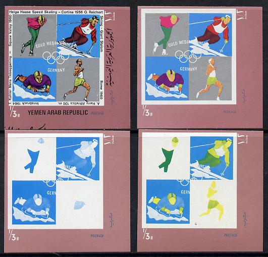 Yemen - Republic 1970 German Olympic Gold Medal Winners 1/3b (Speed Skating, Slalom Skiing, 100 metres & Tobogganing) set of 4 imperf progressive proofs comprising 2, 3, ..., stamps on olympics  sport    skating    skiing     bobsled     running