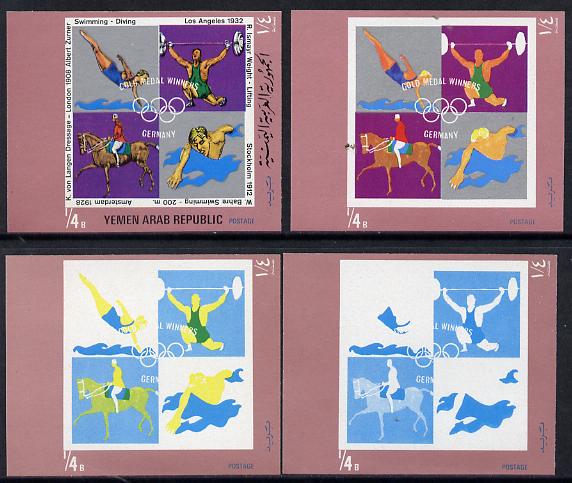 Yemen - Republic 1970 German Olympic Gold Medal Winners 1/4b (Diving, Weight Lifting, Swimming & Dressage) set of 4 imperf progressive proofs comprising 2, 3, 4 and all 5..., stamps on olympics   sport   swimming    diving    weightlifting   show-jumping