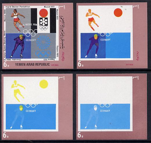 Yemen - Republic 1970 German Olympic Gold Medal Winners 6b (Pentathlon & Speed Skating) set of 4 imperf progressive proofs comprising 2, 3, 4 and all 5-colour composites,..., stamps on olympics  sport    skating    pentatlon