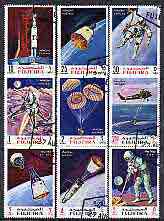 Fujeira 1969 Apollo Space Flights perf set of 9 cto used, Mi 390-98A*, stamps on space, stamps on parachures, stamps on helicopters