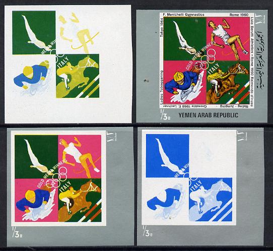 Yemen - Republic 1971 Italian Olympic Gold Medal Winners 1/3b (Gymnastics, Athletics, Show Jumping & Tobagganing) set of 4 imperf progressive proofs comprising single & multi-colour composites, a superb and important group unmounted mint (as Mi 1482), stamps on olympics, stamps on gymnastics, stamps on athletics, stamps on show jumping, stamps on bobsled, stamps on  gym , stamps on gymnastics, stamps on 