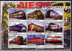 Somalia 2002 Diesel Locomotives #1 perf sheetlet containing set of 9 values cto used, stamps on railways
