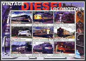 Somalia 2002 Diesel Locomotives #3 perf sheetlet containing set of 9 values cto used, stamps on , stamps on  stamps on railways