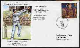 Great Britain 1997 illustrated cover for Peter May Inner Temple Match (The Judiciary v The Practitioners) with special 'Cricket' cancel, stamps on sport, stamps on cricket, stamps on legal, stamps on  law , stamps on 