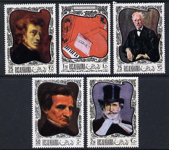 Ras Al Khaima 1969 Paintings of Composers set of 5 unmounted mint (Mi 276-80A) , stamps on arts, stamps on music, stamps on composers, stamps on chopin