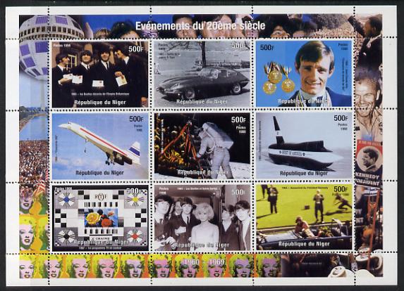 Niger Republic 1998 Events of the 20th Century 1960-1969 perf sheetlet containing 9 values unmounted mint, stamps on millenium, stamps on beatles, stamps on music, stamps on rock, stamps on jaguars, stamps on cars, stamps on skiing, stamps on concorde, stamps on aviation, stamps on apollo, stamps on space, stamps on  tv , stamps on kennedy, stamps on usa presidents, stamps on marilyn monroe, stamps on 