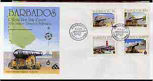 Barbados 1993 17th Century English Cannon perf set of 4 on illustrated cover with first day cancels, SG 1000-1003, stamps on militaria, stamps on forts, stamps on cannons