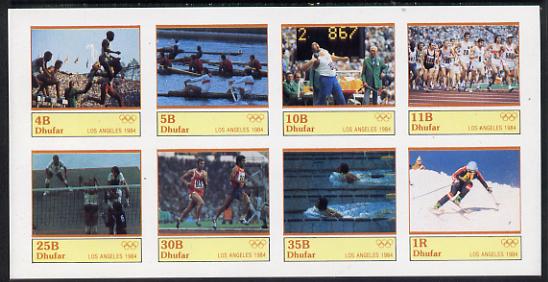 Dhufar 1984 Los Angeles Olympics complete imperf set of 8 values unmounted mint, stamps on sport   olympics    steeplechase    rowing    shot    running    handball    swimming    skiing