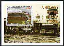 Uzbekistan 2001 A History of the Steam Train #1 perf m/sheet with Rotary Logo, fine cto used, stamps on railways, stamps on rotary