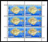 Pabay 1969 Fish 1s (Plaice) complete perf sheetlet of 6 unmounted mint, stamps on fish