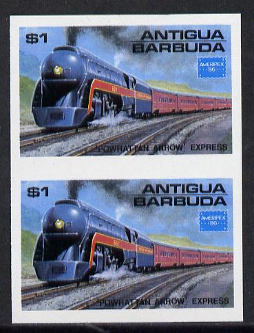 Antigua 1986 Ameripex Stamp Exhibition $1 (USA Powhatton Arrow Express) unmounted mint imperf pair (as SG 1016), stamps on railways      americana, stamps on stamp exhibitions