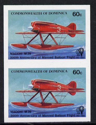 Dominica 1983 Manned Flight 60c (Macchi M39 Seaplane) imperf pair unmounted mint, as SG 854, stamps on aviation, stamps on seaplane