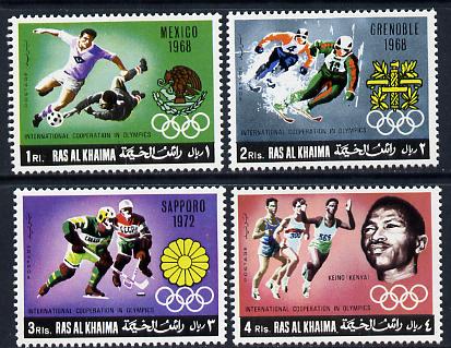 Ras Al Khaima 1969 Olympic Co-operation set of 4 unmounted mint (Mi 312-15A) , stamps on sport    football    ice hockey    running    skiing    olympics